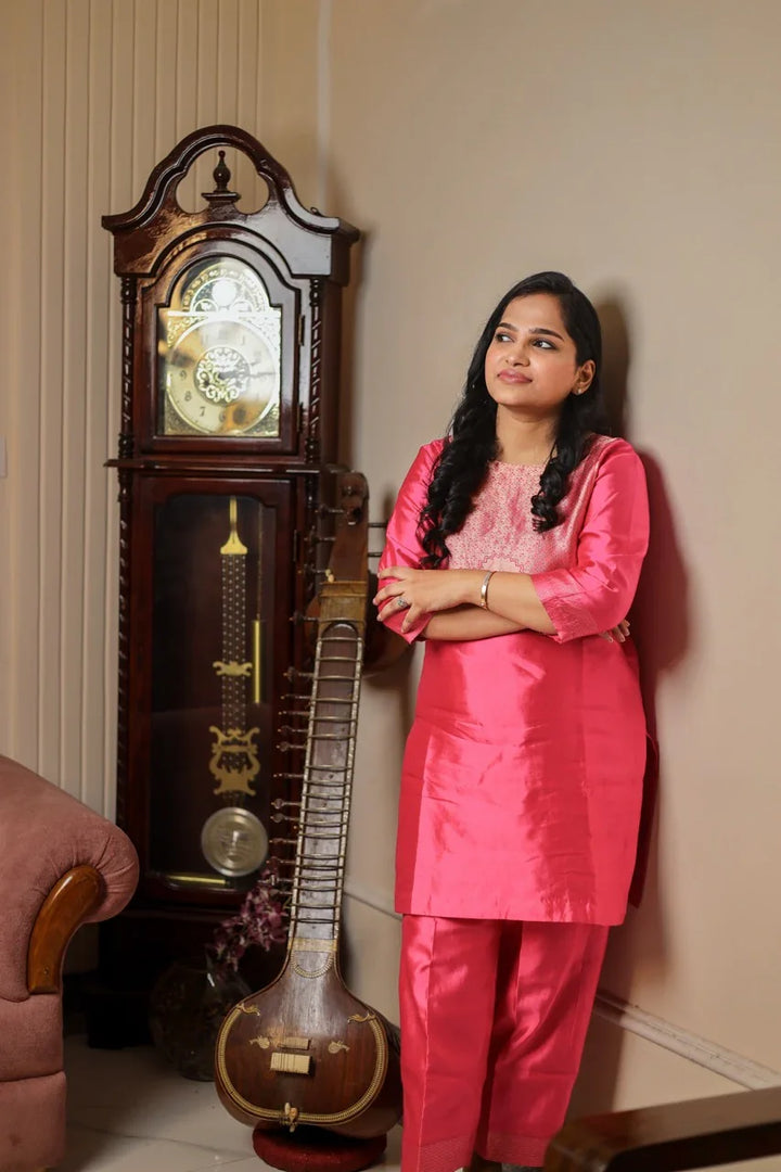 Rani Pink Pure Silk Banarasi Co-ord Set | Zari Neck & Border