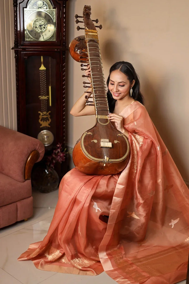 Peach Pink Kora Silk Banarasi Saree with Dual Border