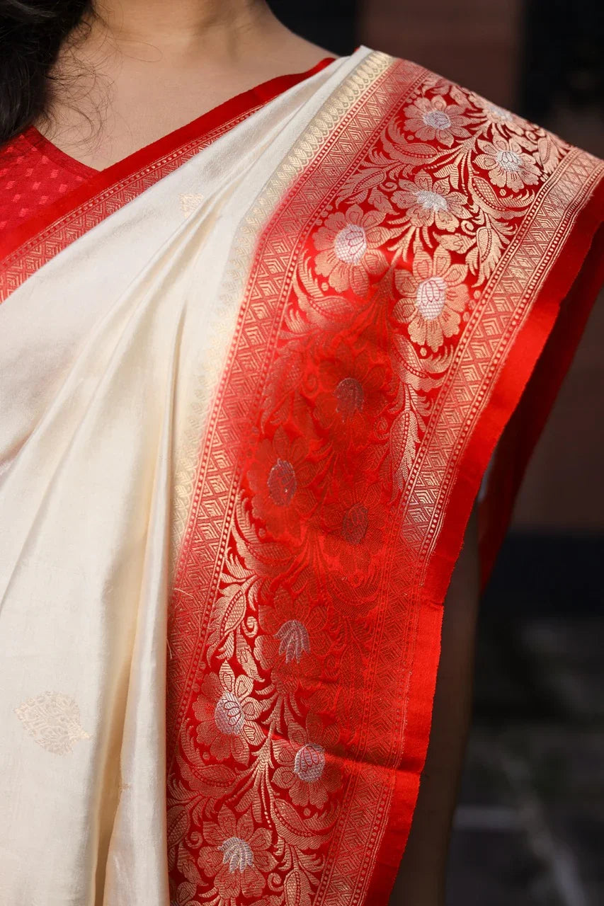 Off-White Banarasi Silk Saree | Kadhwa & Sona Rupa Border