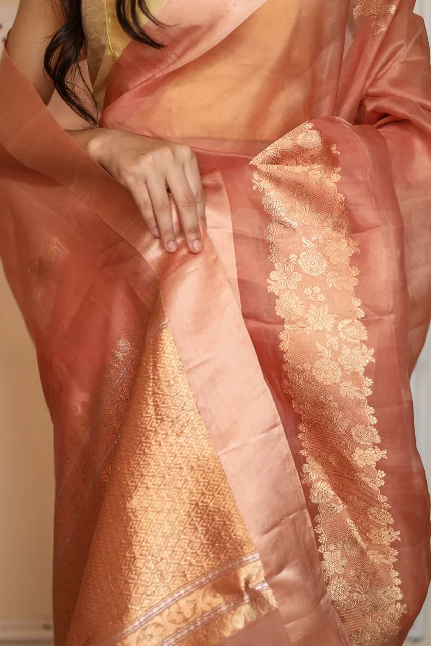 Peach Pink Kora Silk Banarasi Saree with Dual Border