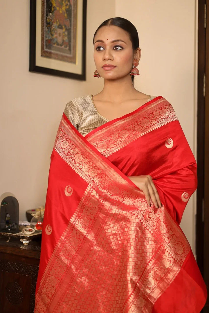 Red Pure Silk Banarasi Saree with Kadhwa Chand butis 