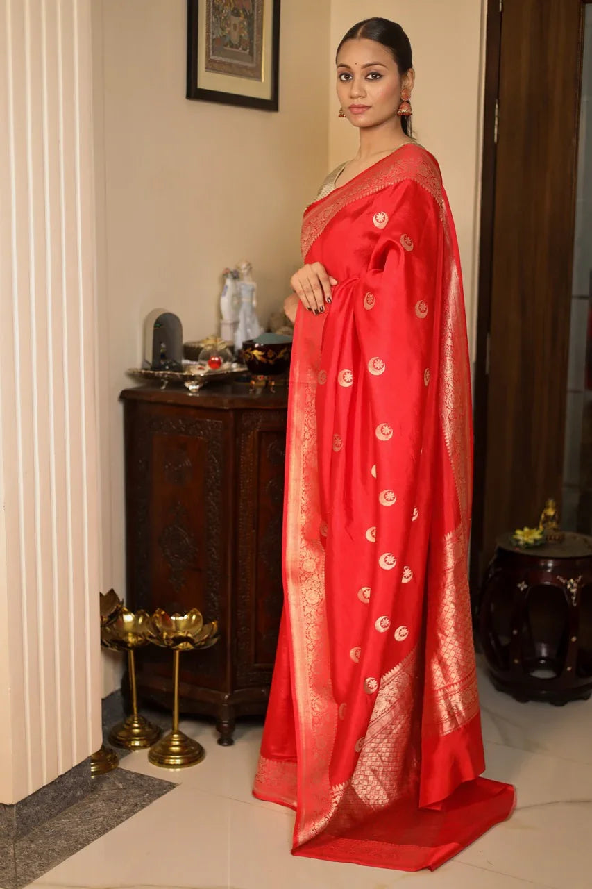 Red Pure Silk Banarasi Saree with Kadhwa Chand butis 