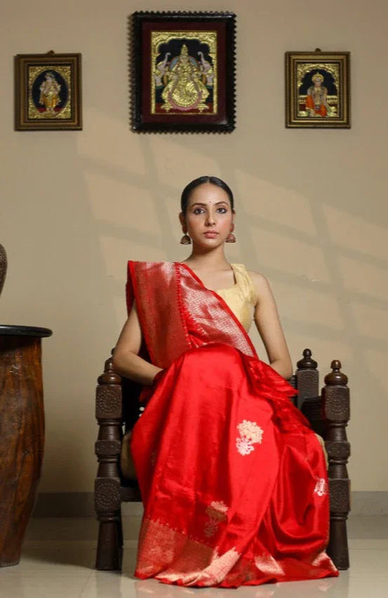 Buy Red Pure Silk Banarasi Saree – Kadhwa Buta & Zari Border