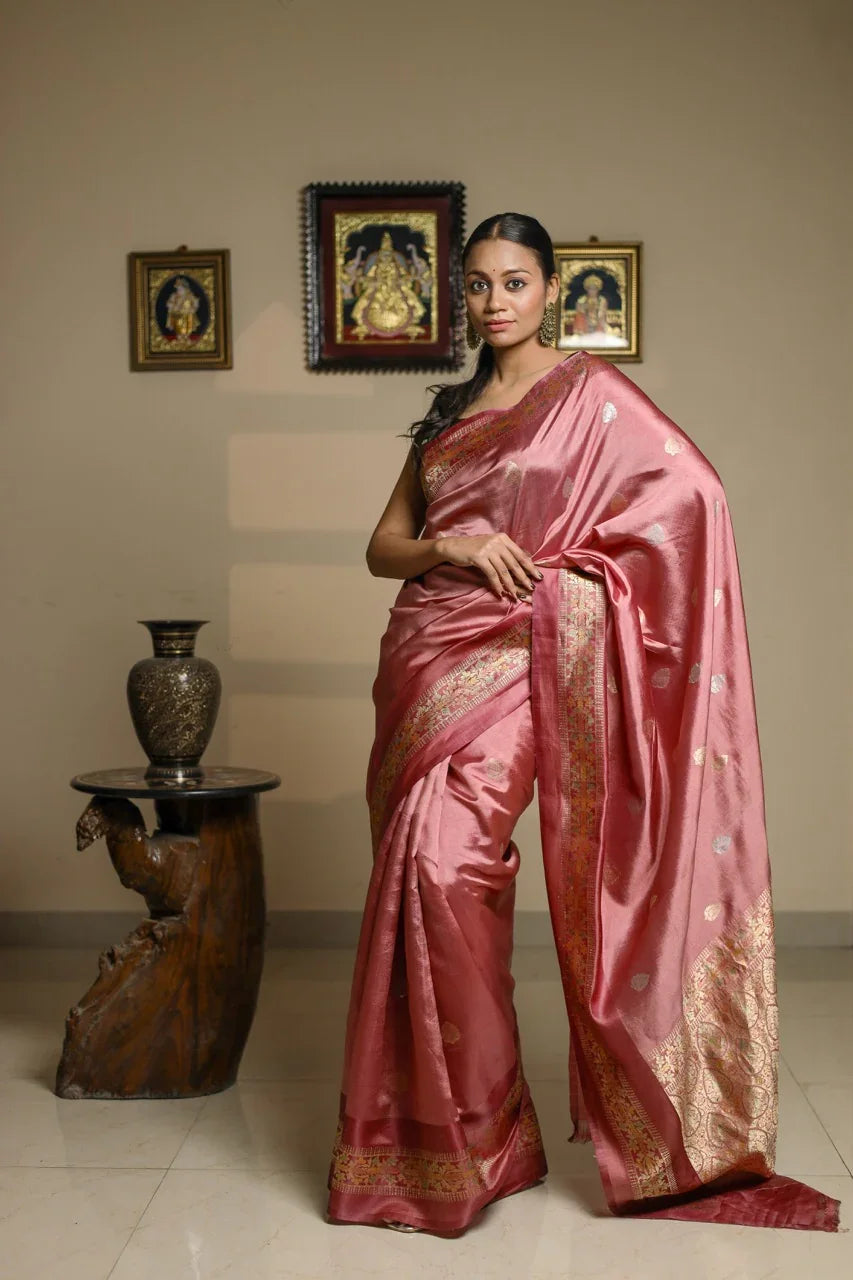 Onion Banarasi Silk Saree with Kadhwa & Rangkaat Border