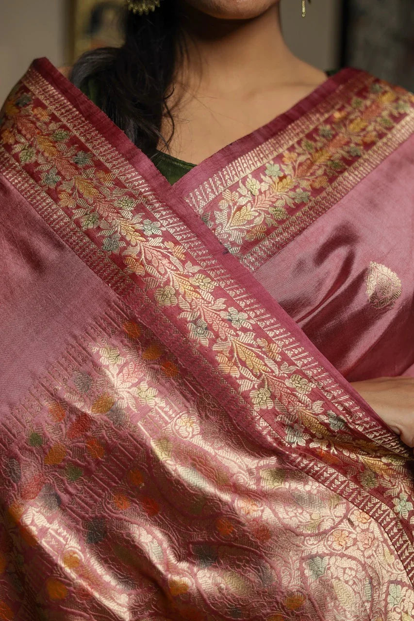 Onion Banarasi Silk Saree with Kadhwa & Rangkaat Border