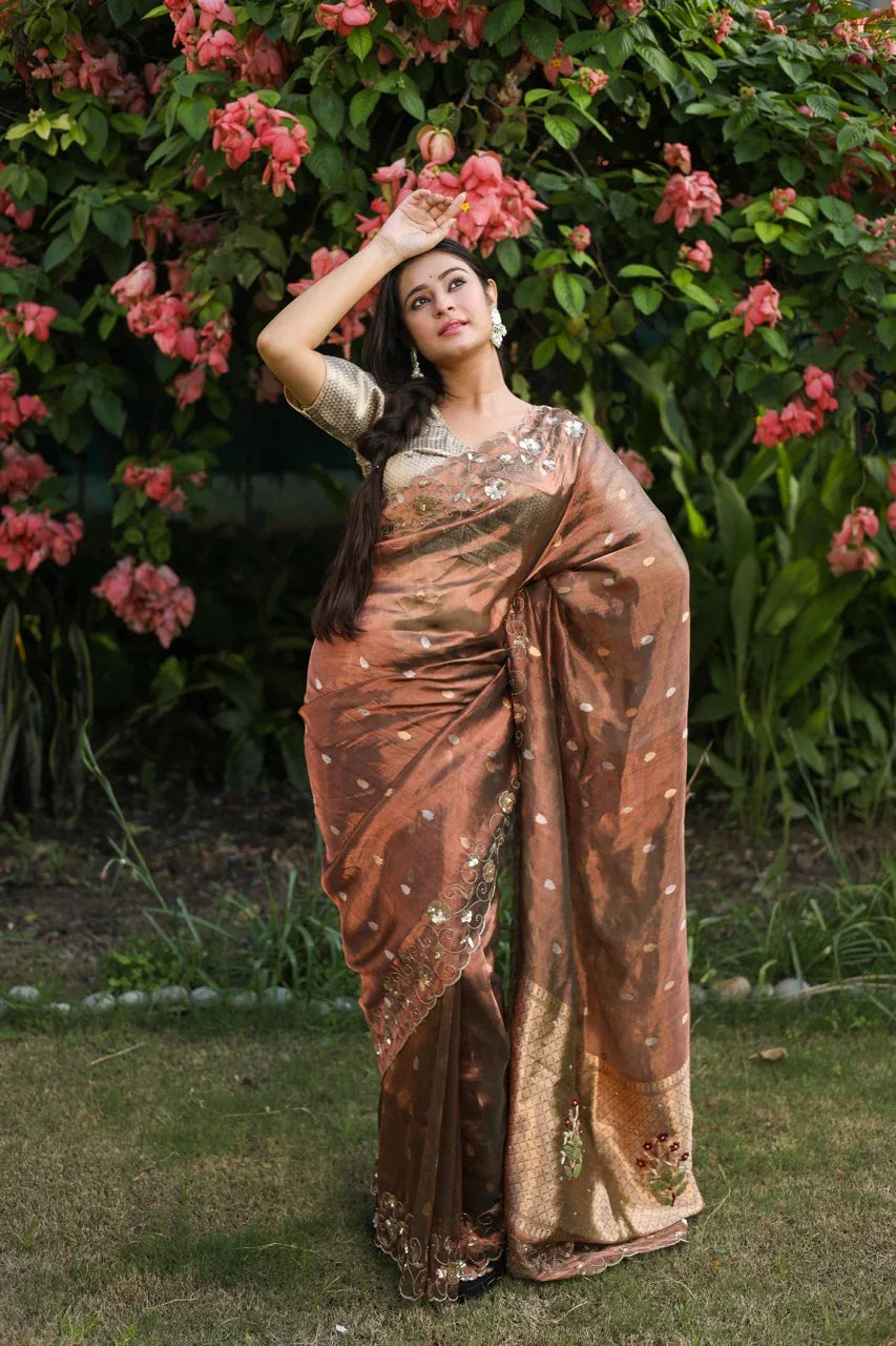Copper shade Pure Tissue Silk Handloom Banarasi Saree