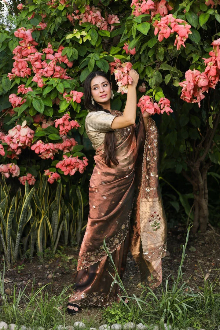 Copper shade Pure Tissue Silk Handloom Banarasi Saree