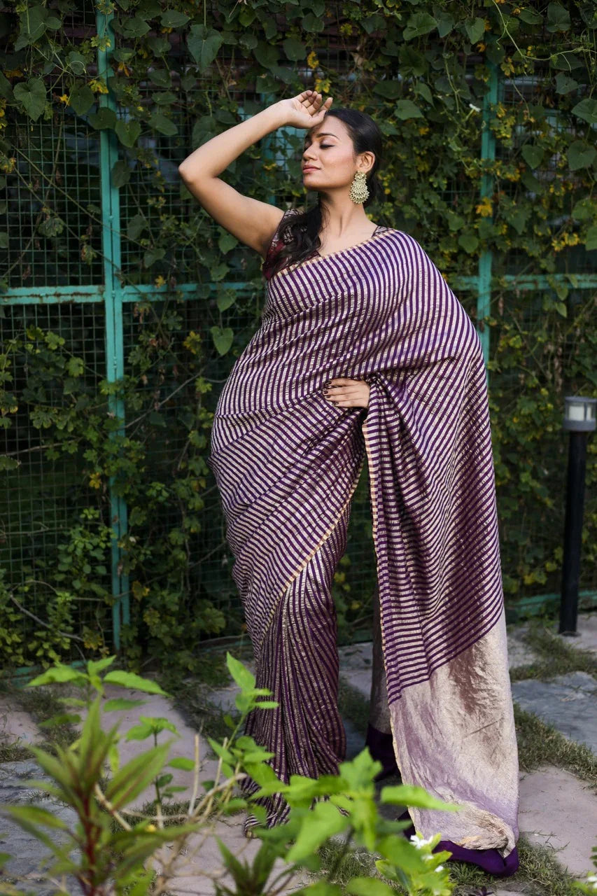 Wine Moonga Silk Banarasi Saree with Zari Stripes 