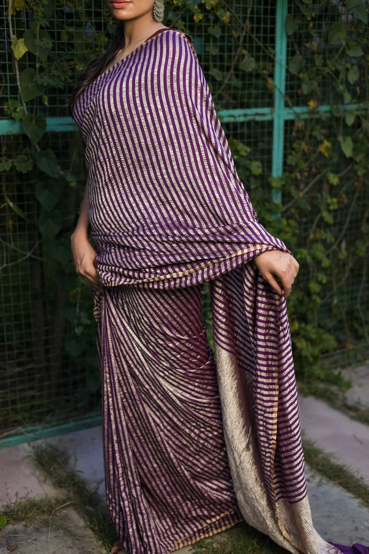Wine Moonga Silk Banarasi Saree with Zari Stripes 
