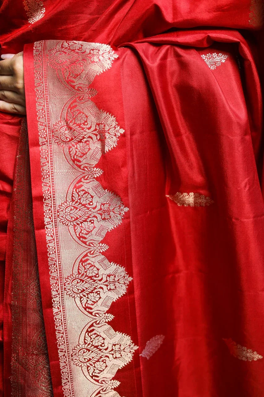 Maroon Katan Silk Banarasi Saree with Horse Motif Border