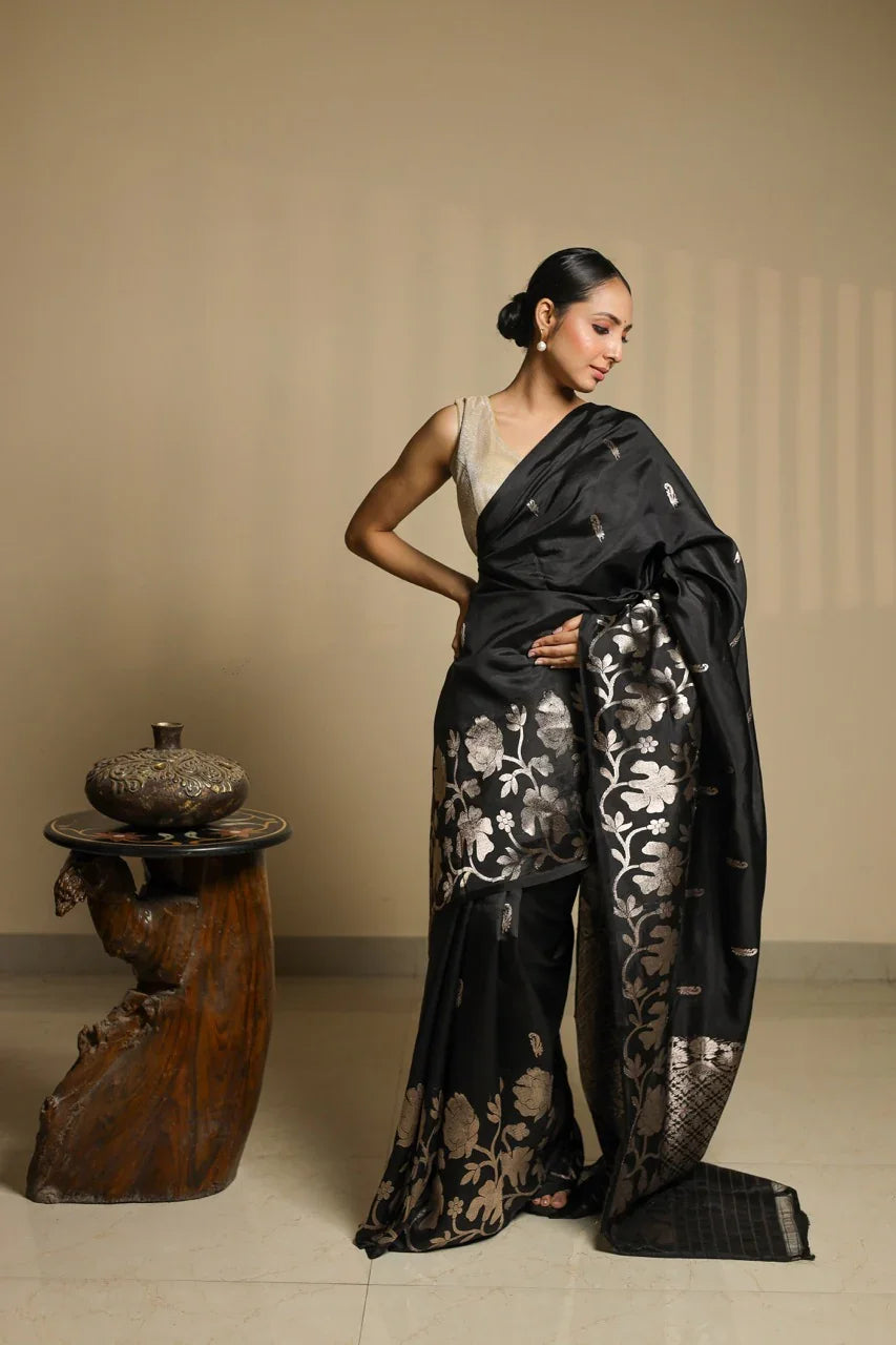Black Pure Silk Banarasi Saree with Kadhwa Butis