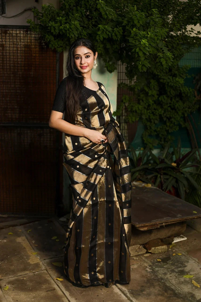 Black Kora Tissue Banarasi Saree with Stripes & Butis