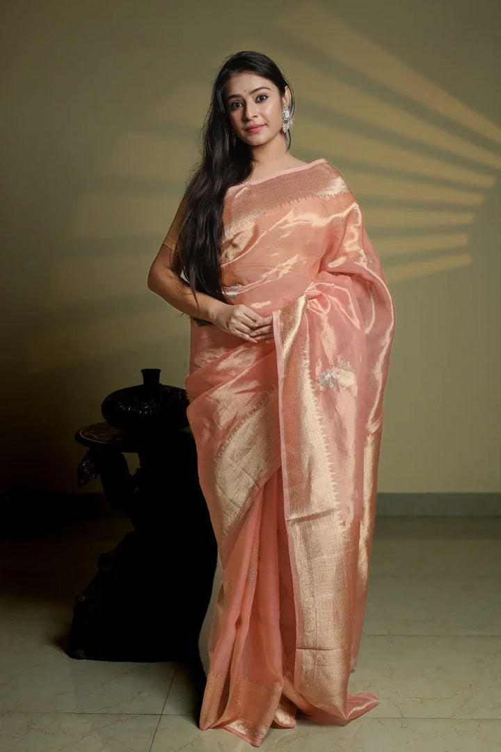 Peach Tissue Silk Banarasi Saree with kadhwa butas