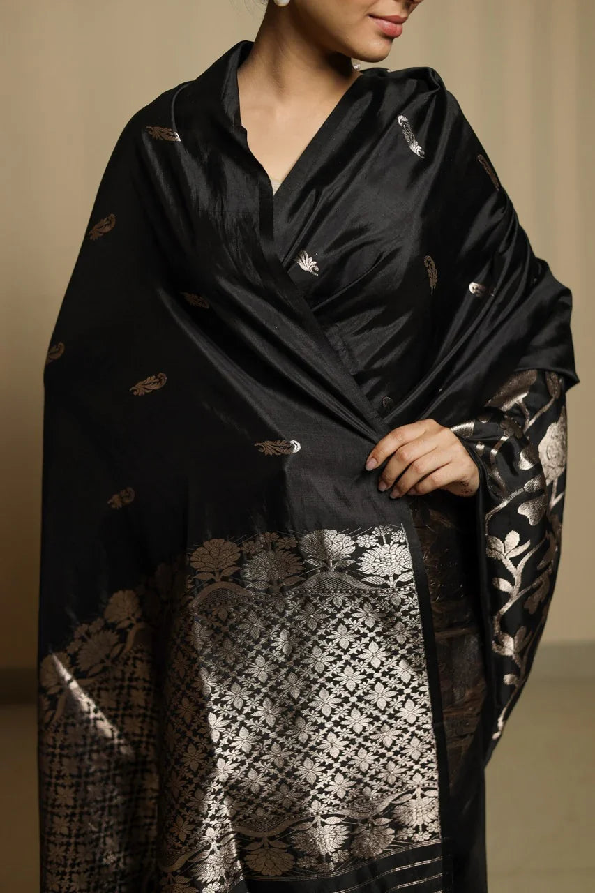 Black Pure Silk Banarasi Saree with Kadhwa Butis