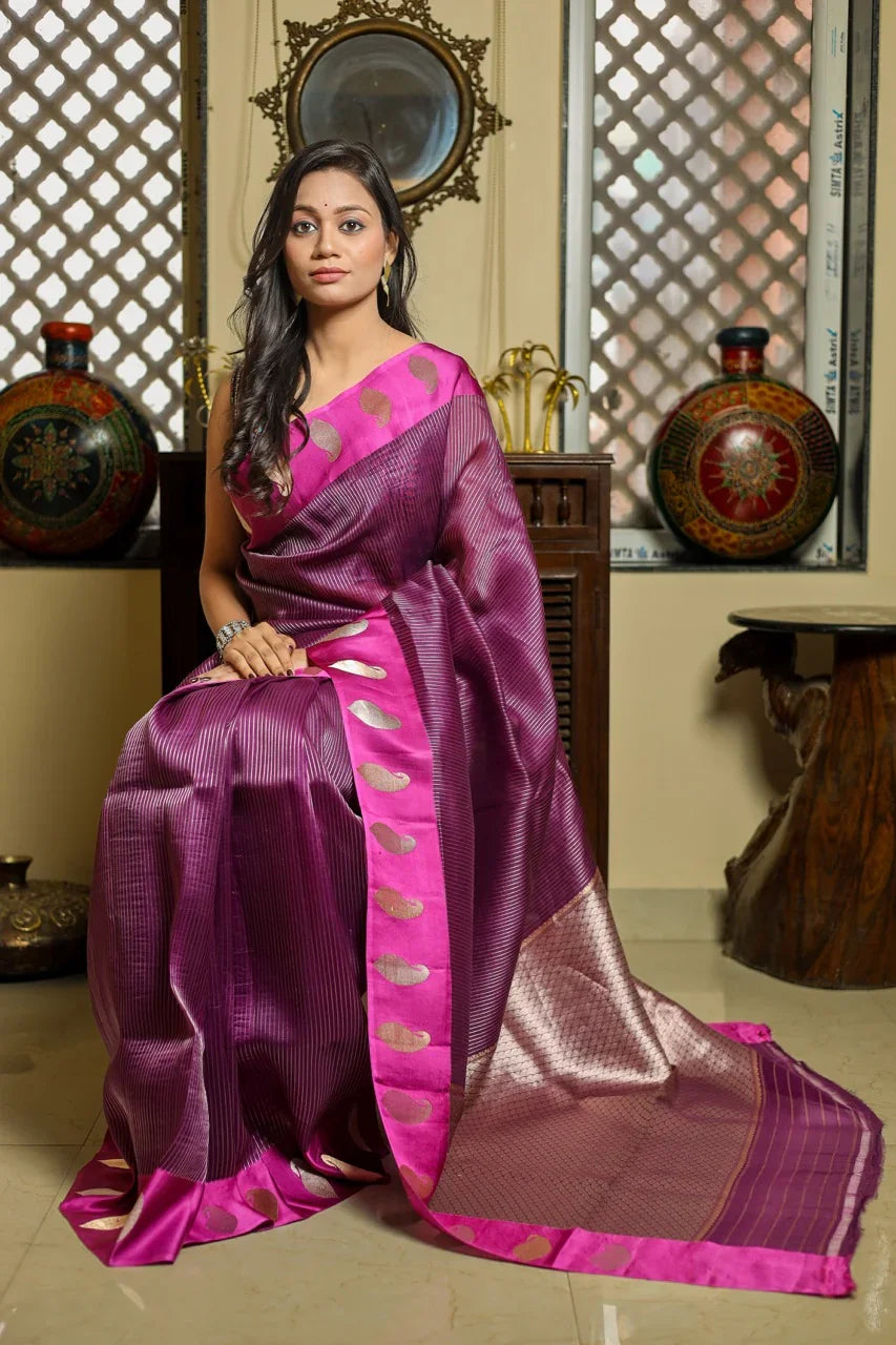 Magenta Purple Kora Silk Banarasi Saree with Mashru Border