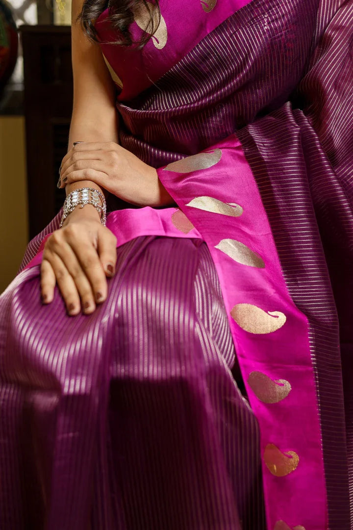 Magenta Purple Kora Silk Banarasi Saree with Mashru Border