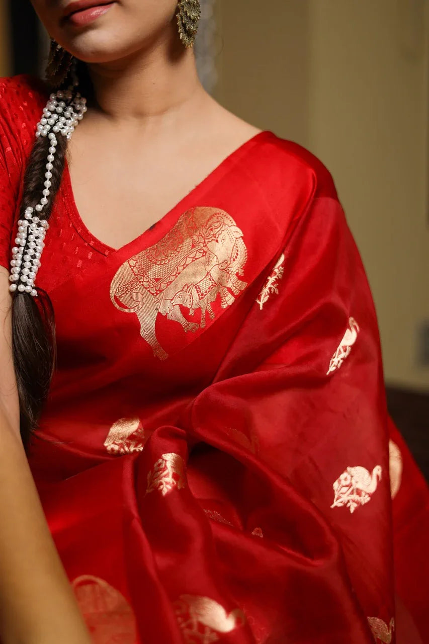 Red Kora Silk Banarasi Saree with Cow Motif Border