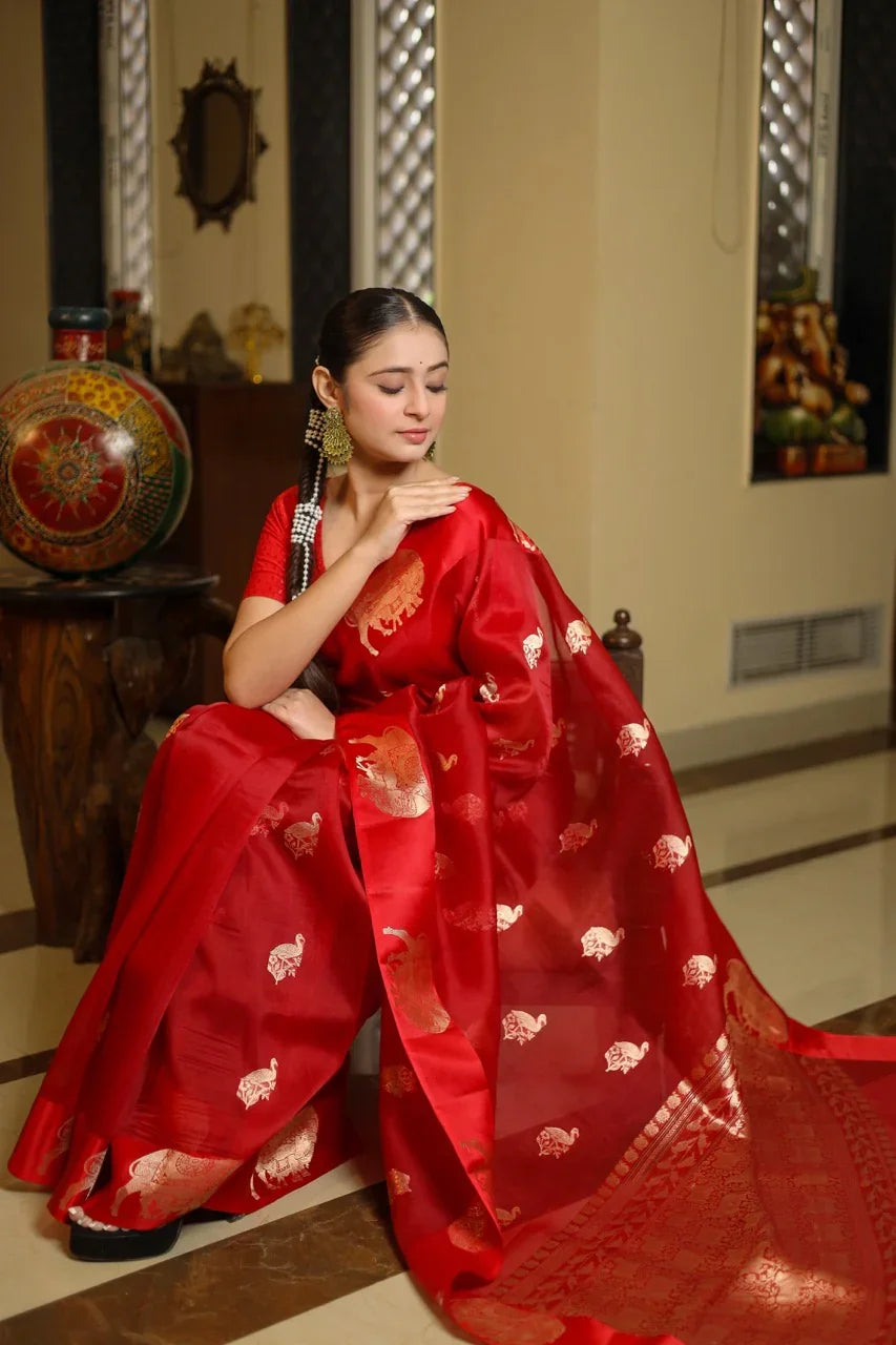 Red Kora Silk Banarasi Saree with Cow Motif Border
