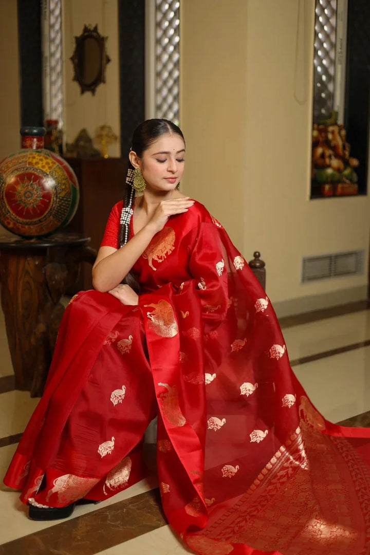 Red Kora Silk Banarasi Saree with Cow Motif Border