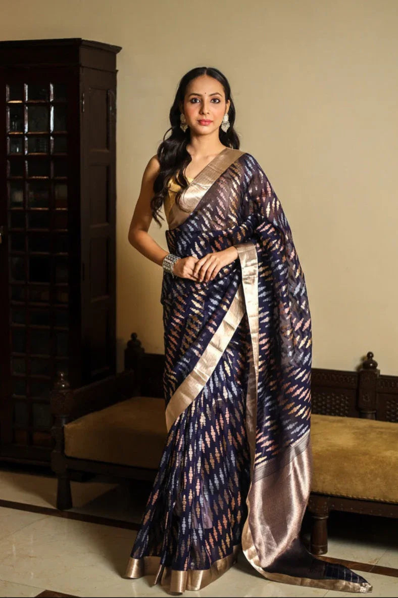 Navy Blue Kora Silk Banarasi Saree with Kadhwa Weave