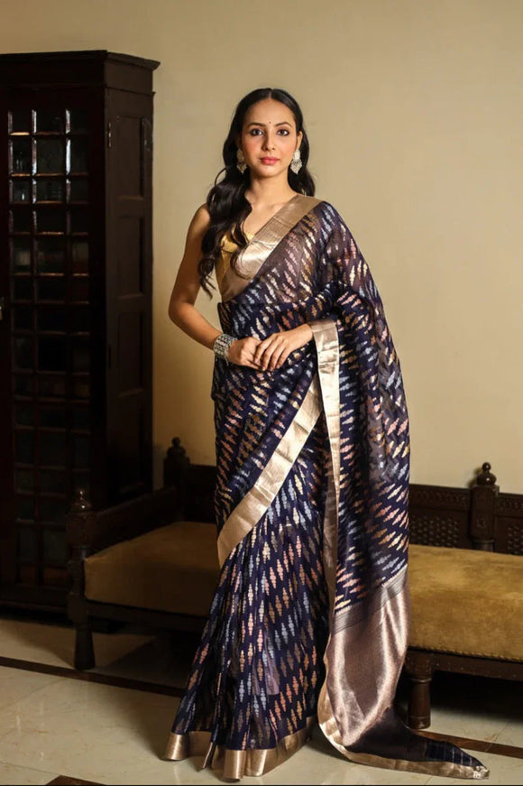 Navy Blue Kora Silk Banarasi Saree with Kadhwa Weave