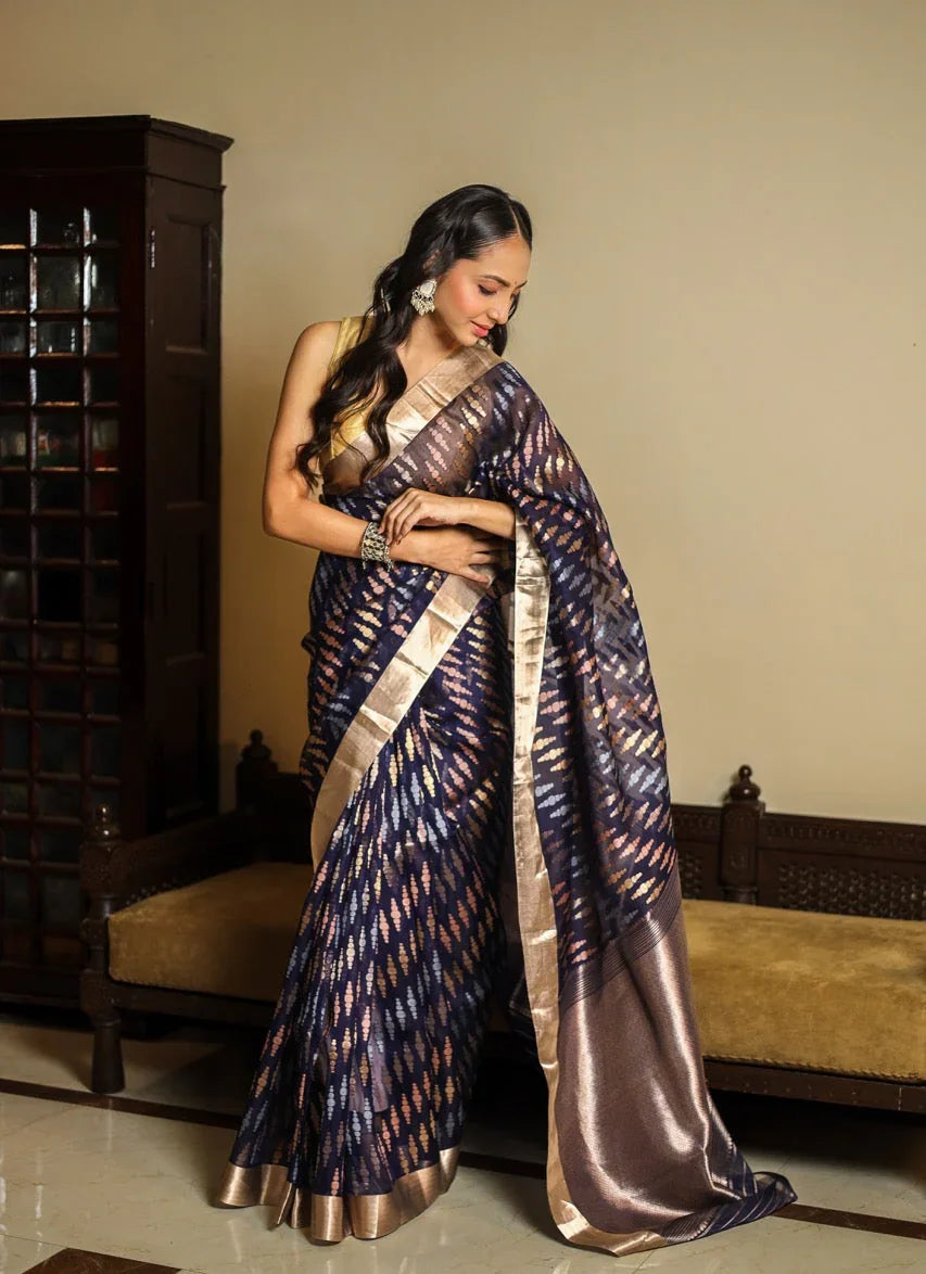 Navy Blue Kora Silk Banarasi Saree with Kadhwa Weave