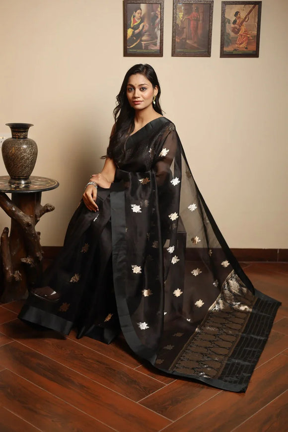 Black Kora Silk Banarasi Saree with Sona Rupa Butis 