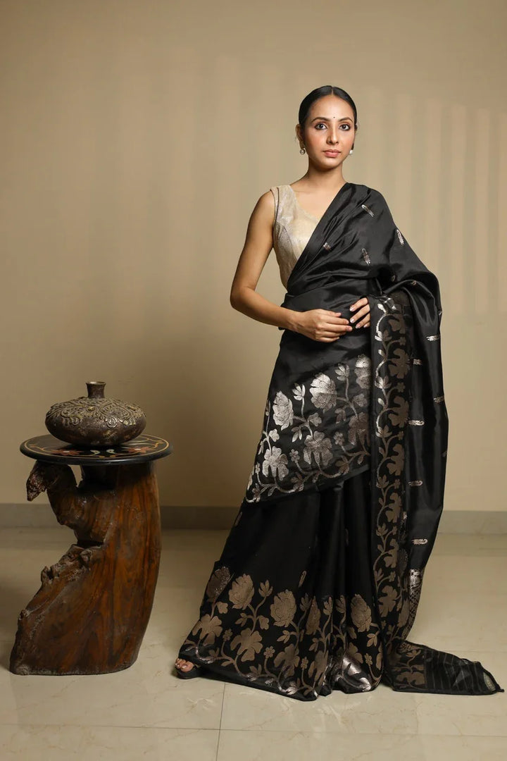 Black Pure Silk Banarasi Saree with Kadhwa Butis