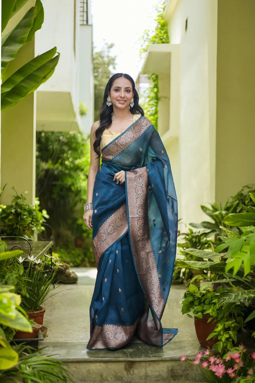 Teal Kora Silk Handloom Banarasi Saree with Kadhwa Motifs