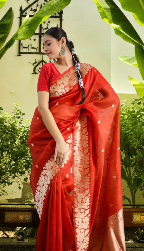 Orange Kora Silk Banarasi Saree with Zari Kadhwa Border