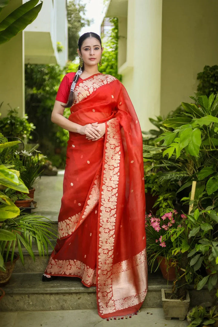 Orange Kora Silk Banarasi Saree with Zari Kadhwa Border