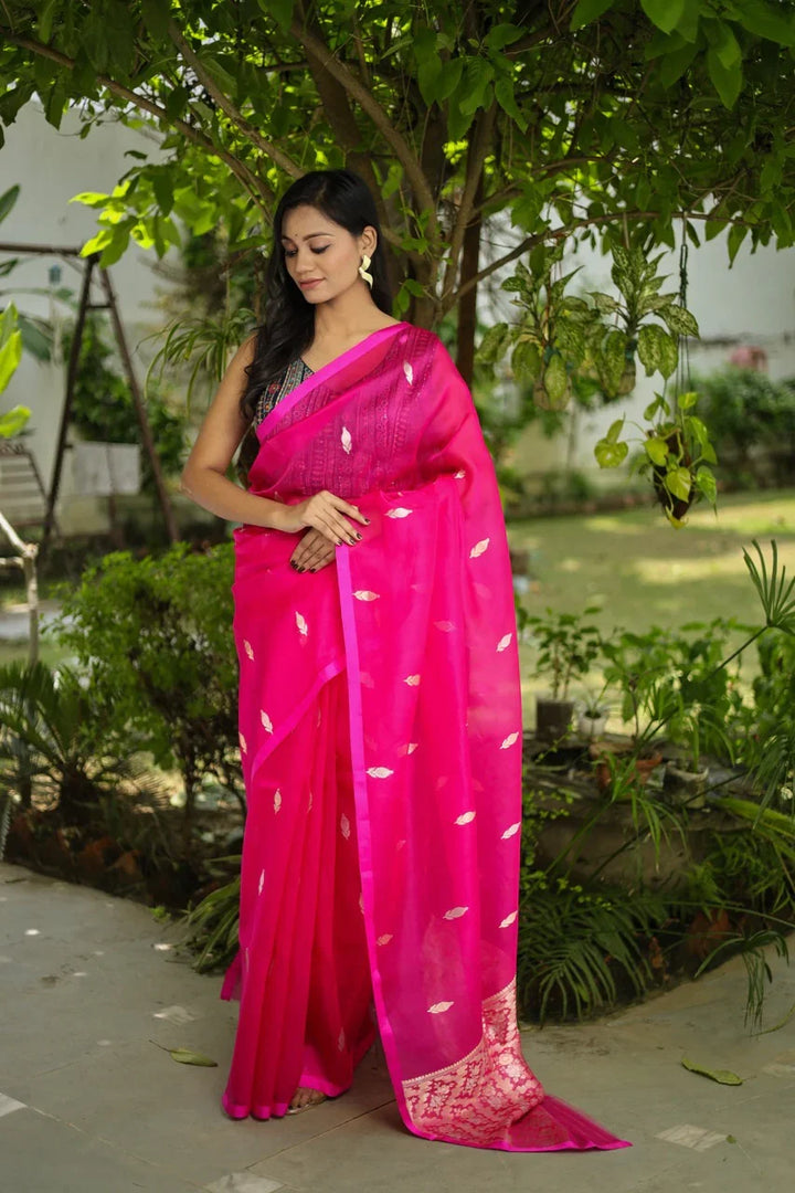 Rani Pink Kora Silk Banarasi Saree with Sona Rupa Butis 