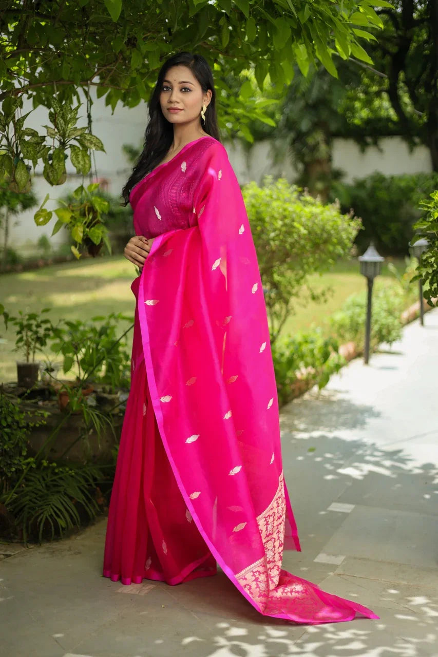 Rani Pink Kora Silk Banarasi Saree with Sona Rupa Butis 