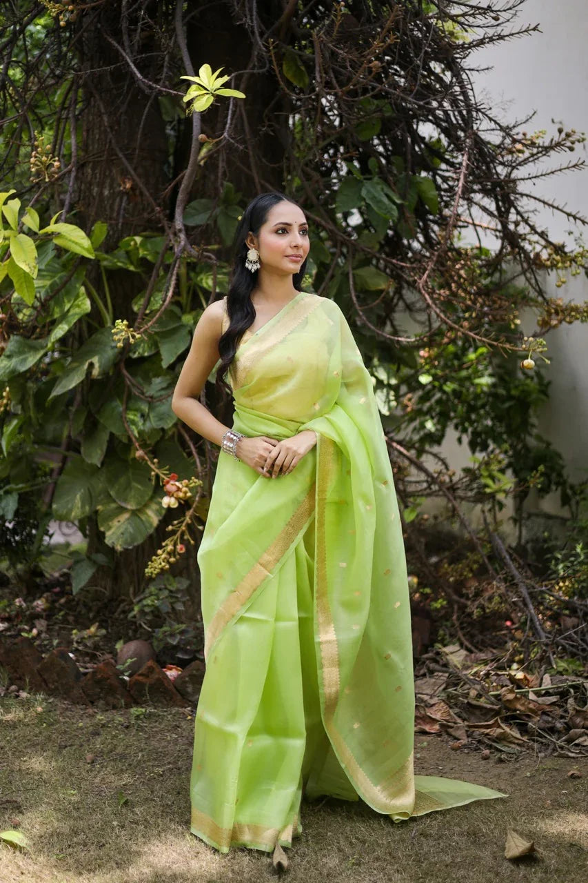 Pista Green Pure Kora Silk Banarasi Saree with Zari Butis 