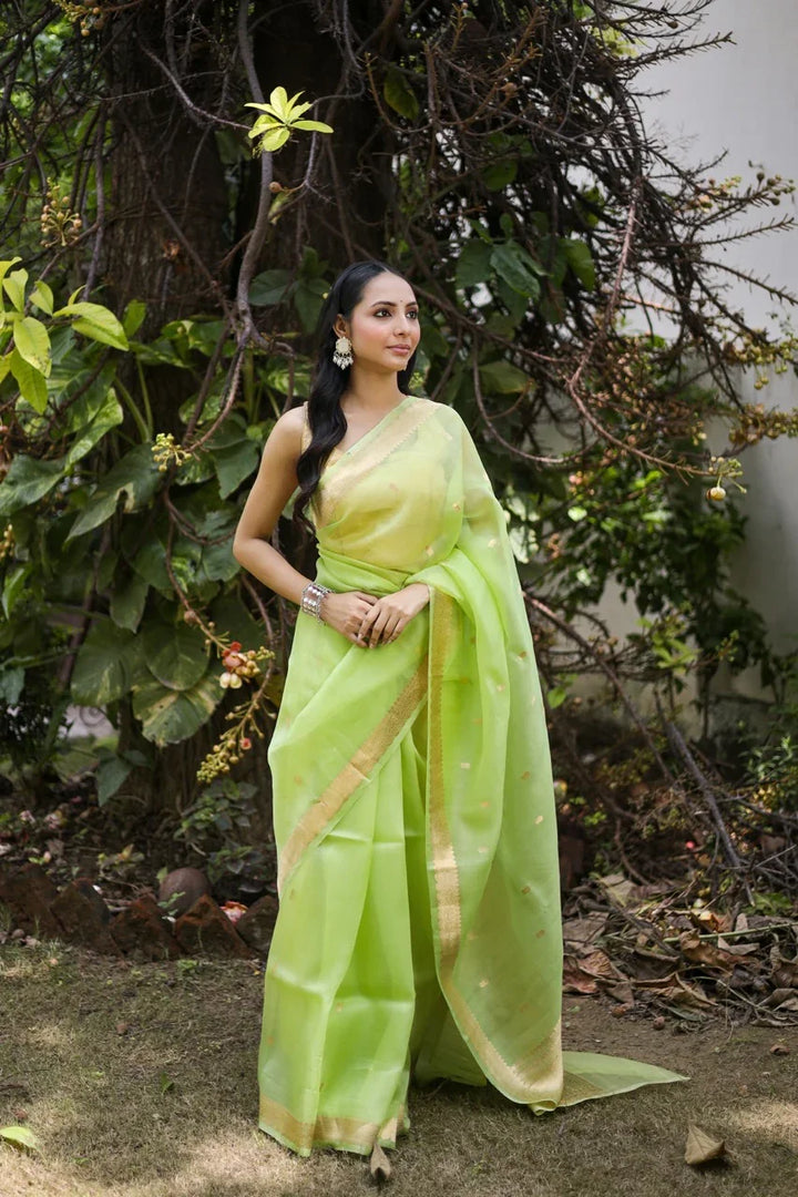 Pista Green Pure Kora Silk Banarasi Saree with Zari Butis 