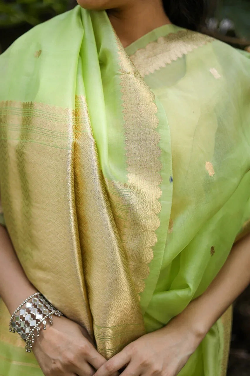 Pista Green Pure Kora Silk Banarasi Saree with Zari Butis 