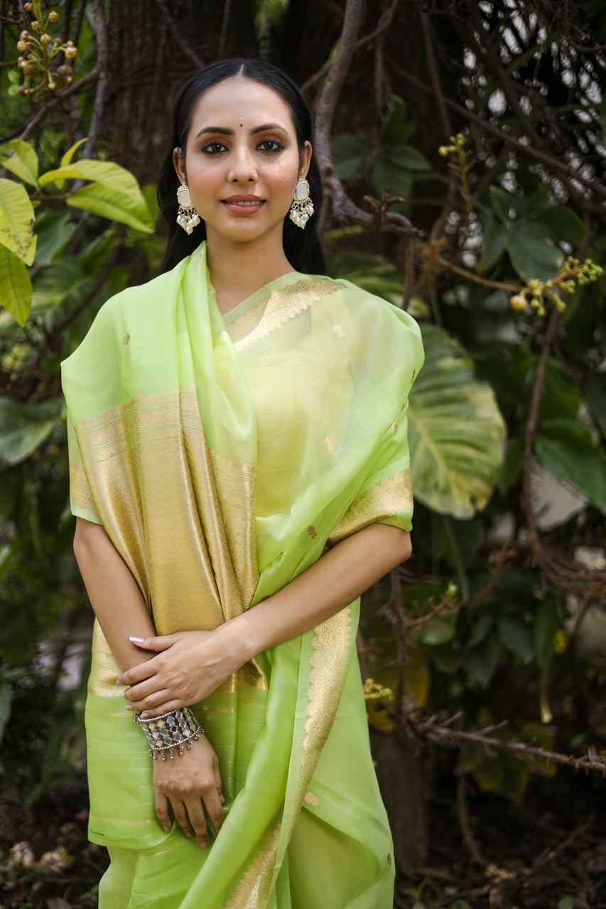 Pista Green Pure Kora Silk Handloom Banarasi Saree