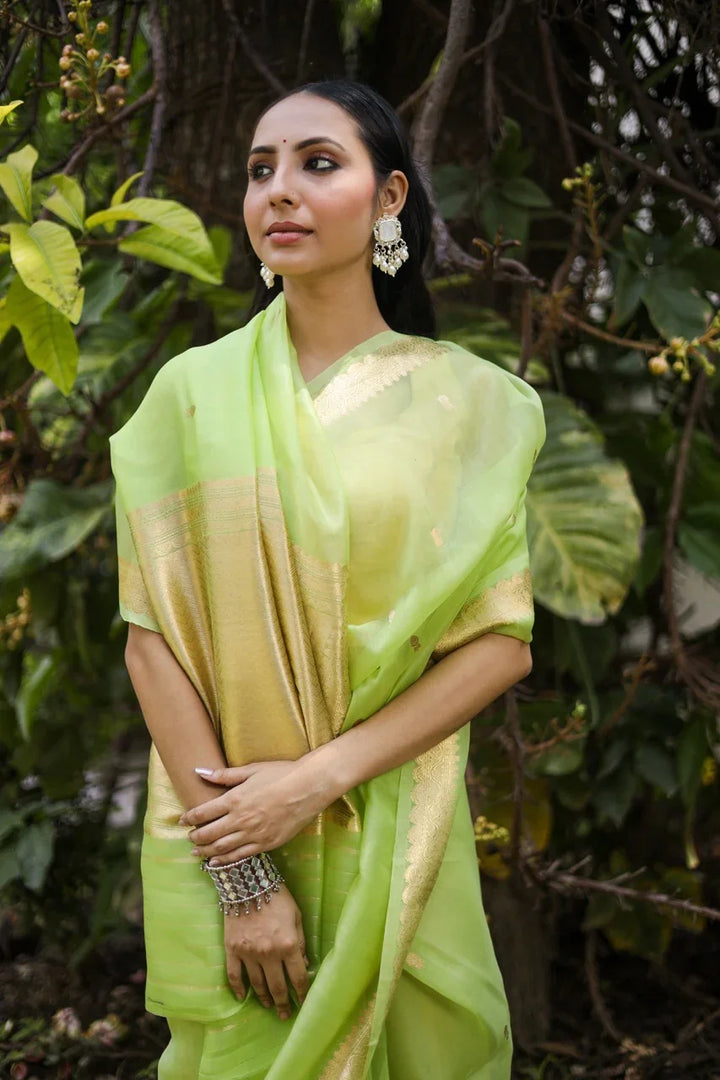 Pista Green Pure Kora Silk Banarasi Saree with Zari Butis 