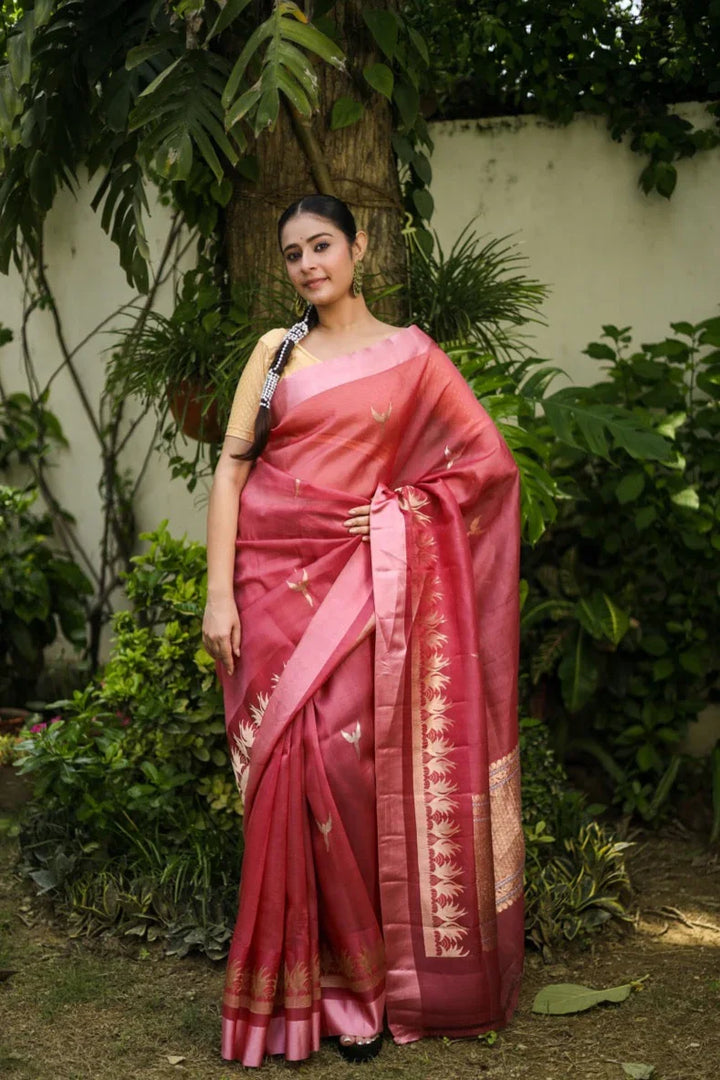 Onion Pink Kora Silk Banarasi Saree with Dual Border