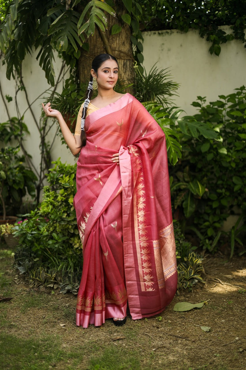 Onion Pink Pure Kora Silk Handloom Banarasi Saree