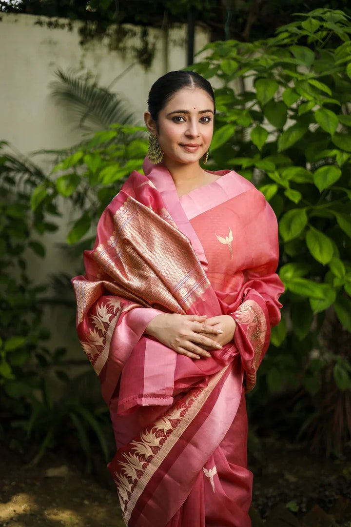 Onion Pink Kora Silk Banarasi Saree with Dual Border