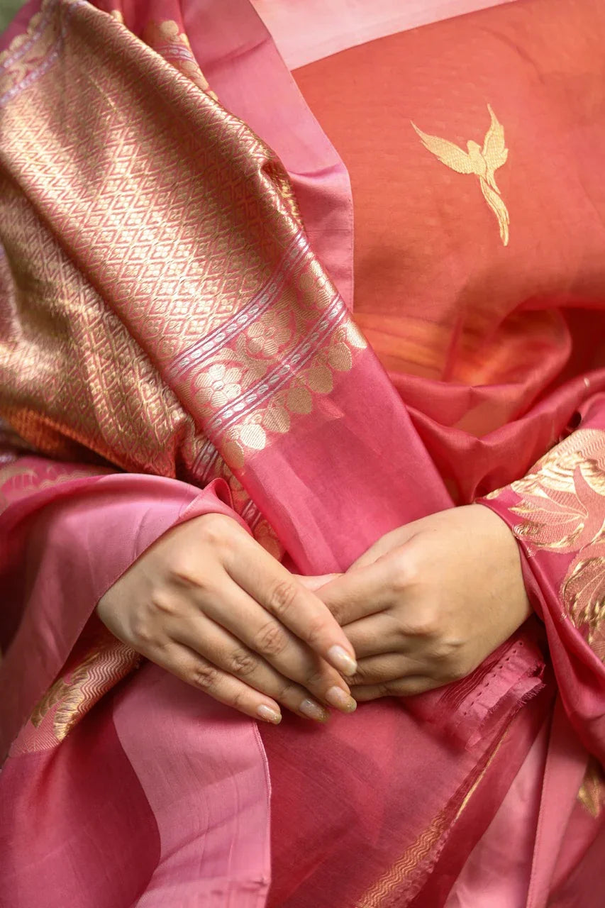 Onion Pink Kora Silk Banarasi Saree with Dual Border