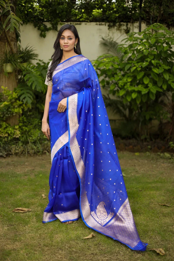 Royal Blue Pure Kora Silk Banarasi Saree | Butis & Konia