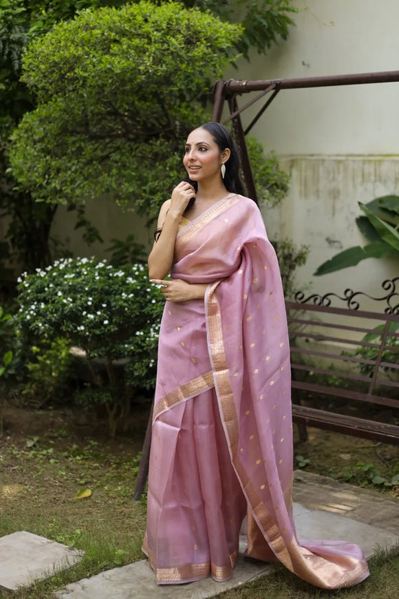 Dusty Lavender Kora Silk Banarasi Saree | Kadhwa Butis 