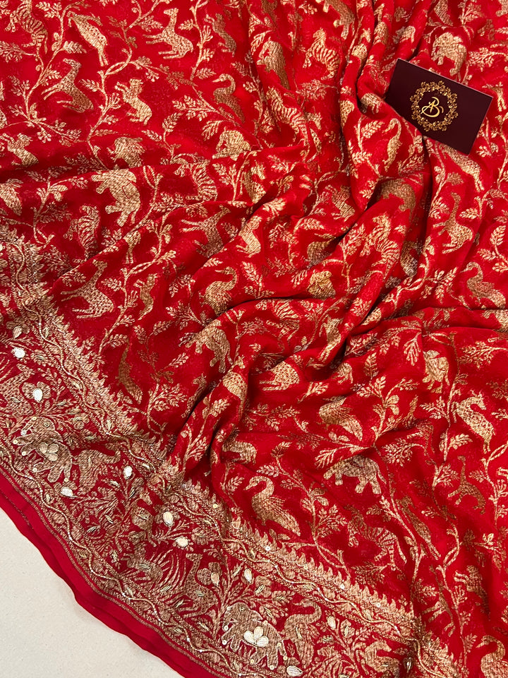 Red Zardozi Pure Banarasi Khaddi Georgette Silk Saree