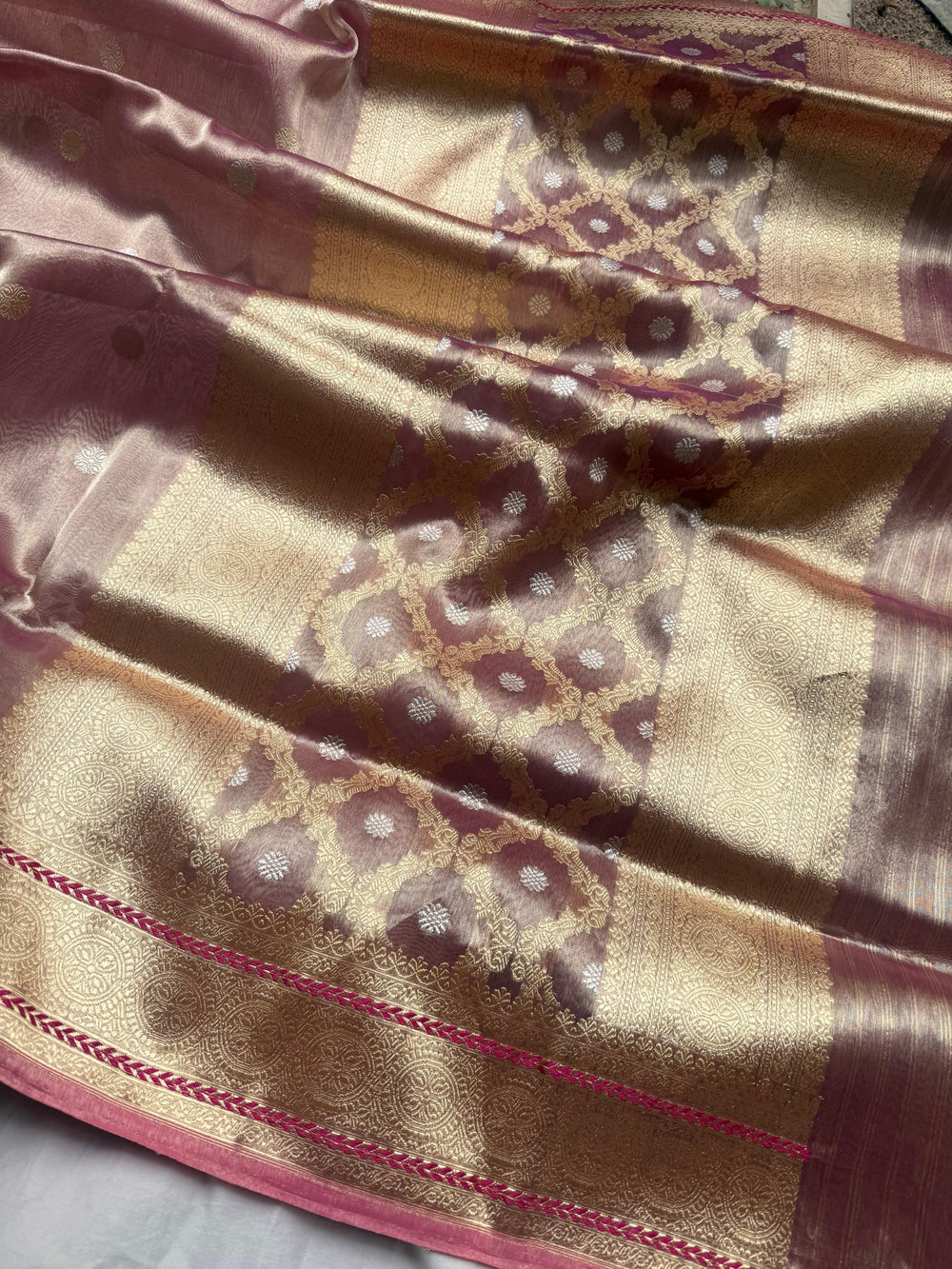 Rose Pink Banarasi Handloom Tissue Silk Saree - Aura Benaras
