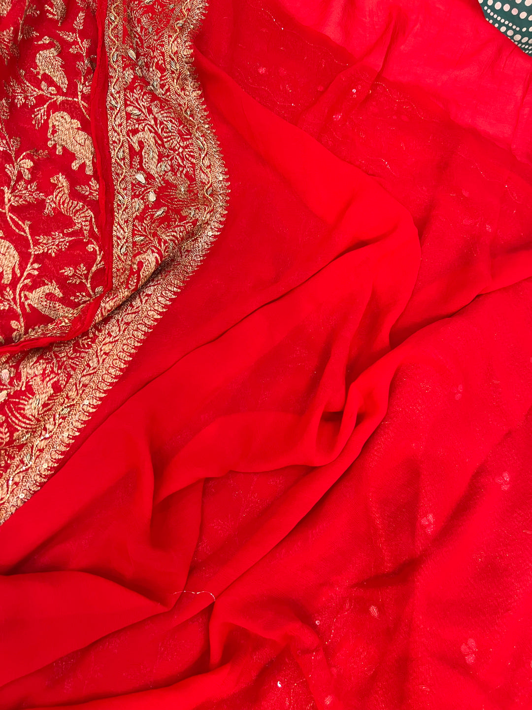 Red Zardozi Pure Banarasi Khaddi Georgette Silk Saree