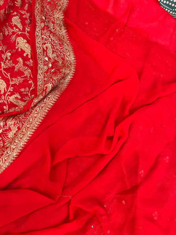 Red Zardozi Pure Banarasi Khaddi Georgette Silk Saree