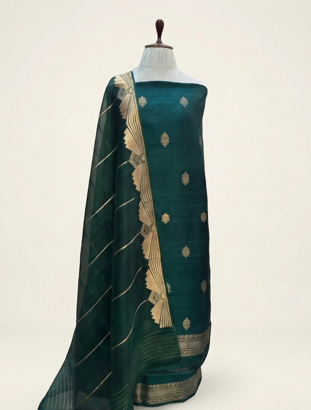 Bottle Green Banarasi Raw Silk Unstitched Suit with Kadhwa Work