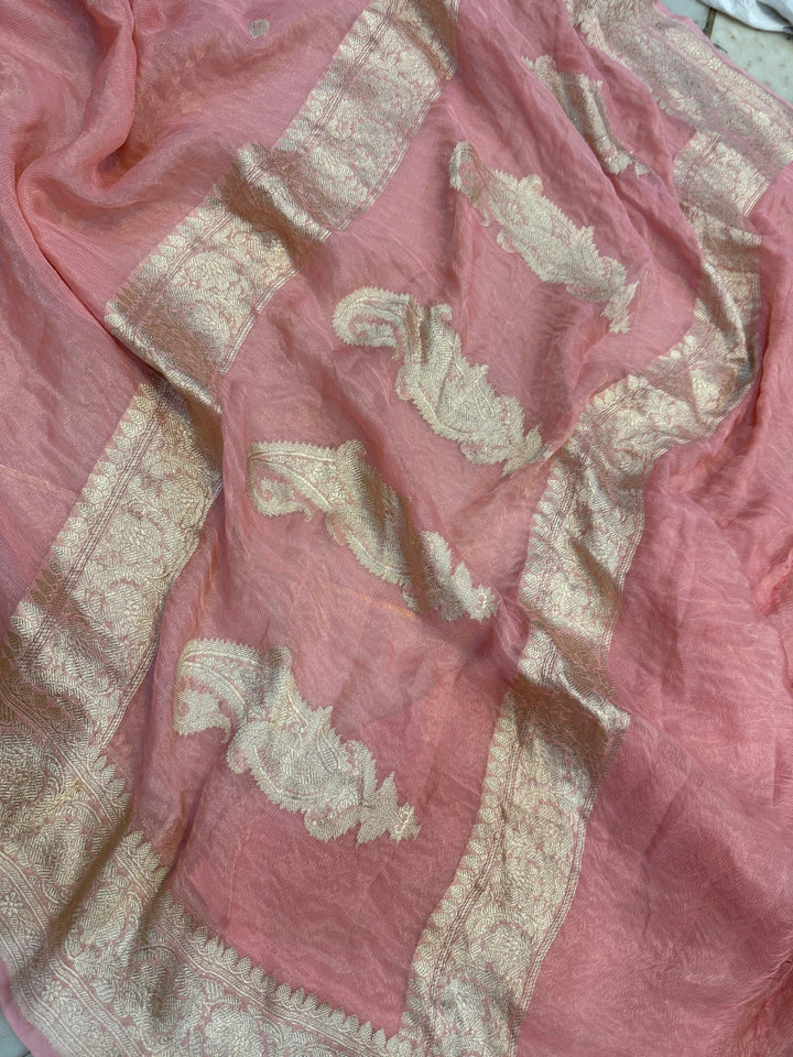 Peach Pure Banarasi Crush Tissue Silk Saree – Handwoven | Aura Benaras